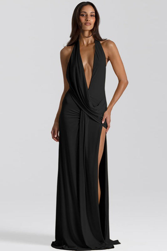 Solid Halter Deep V Backless Slit Floor Maxi Dress
