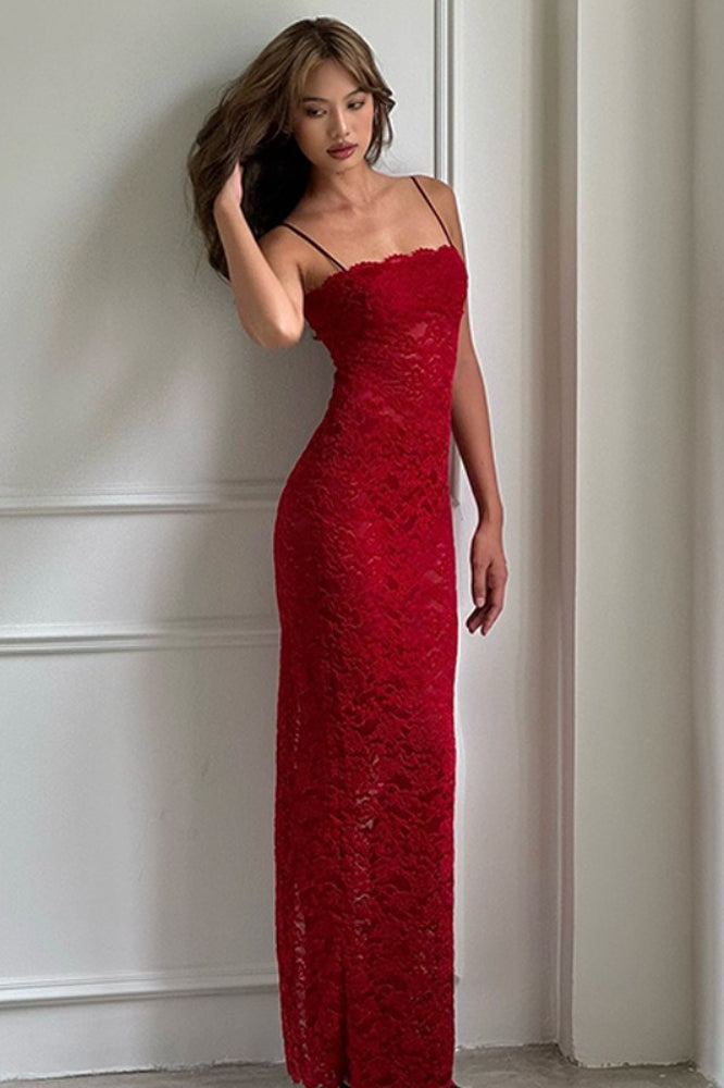 Elegant Red Lace Bodycon Slip Dress