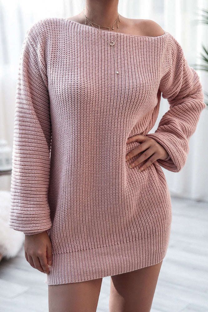 Ribbed Knit Boat Neck Long Sleeve Loose Mini Dress