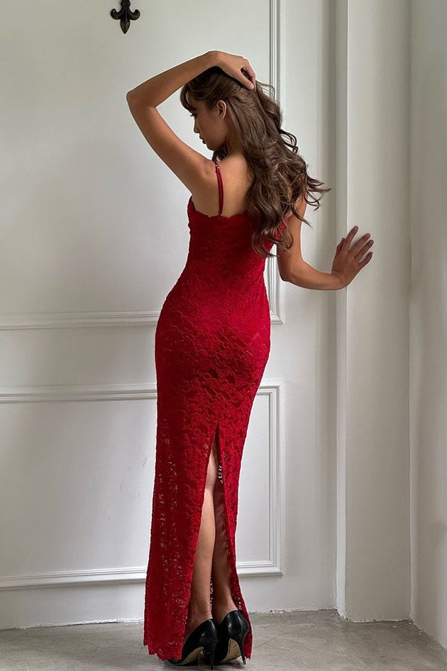 Elegant Red Lace Bodycon Slip Dress