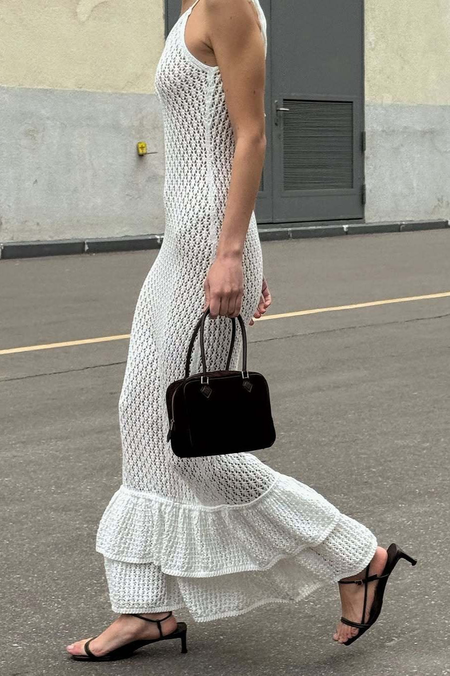 Boho Ruffle Knit Sexy Cutout Sheer Cami Maxi Dress