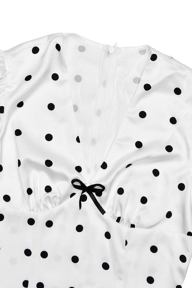 Polka Dot VNeck Puff Sleeve Waist Tie Bodycon Maxi Dress