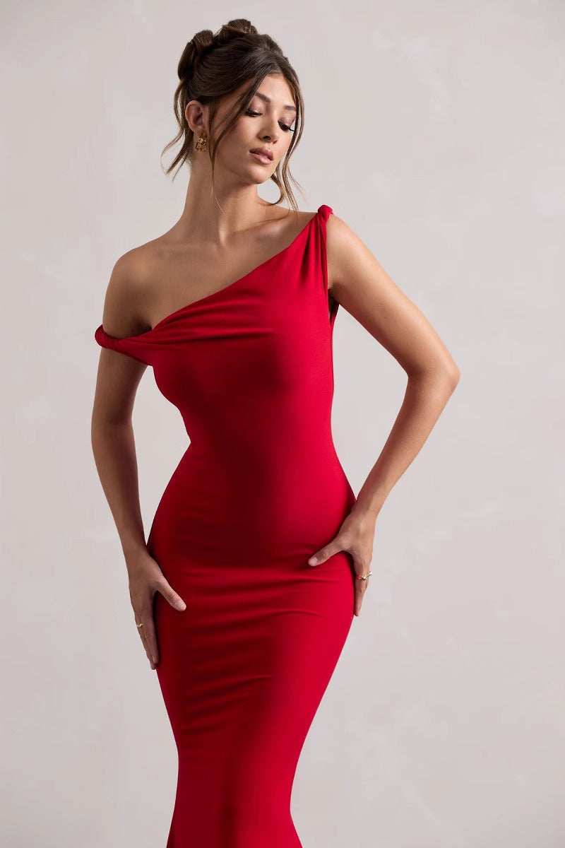 Sexy One Shoulder Solid Bodycon Dress