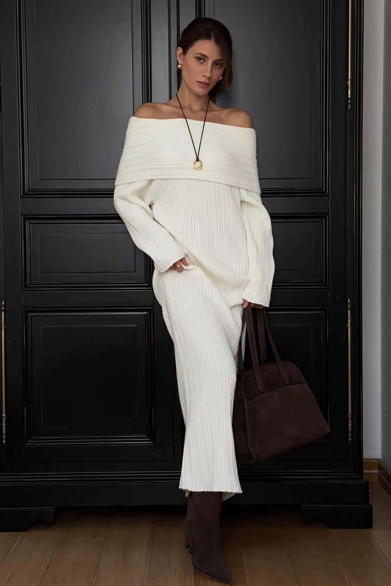 Solid Elegant Minimalist Off Shoulder Bodycon Knit Maxi Dress