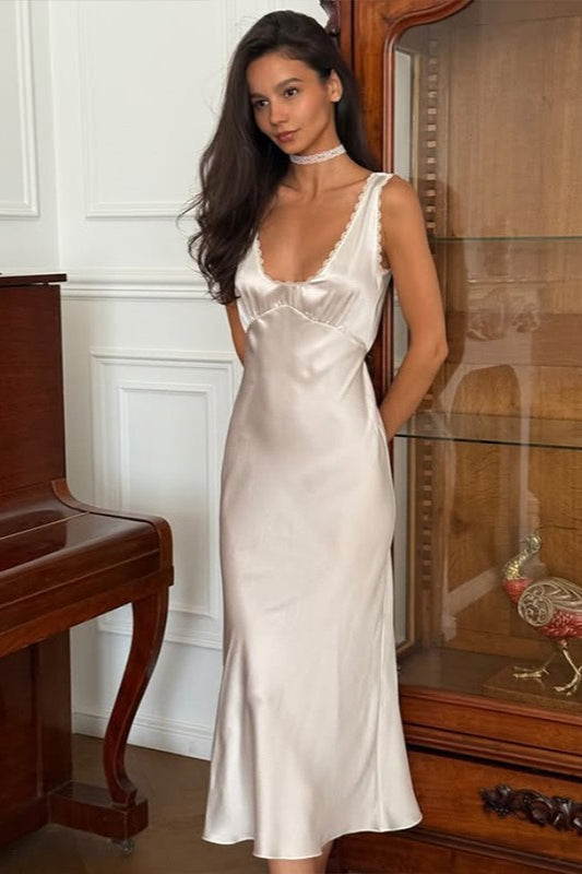 VNeck Backless Satin Lace Trim Silk Dress