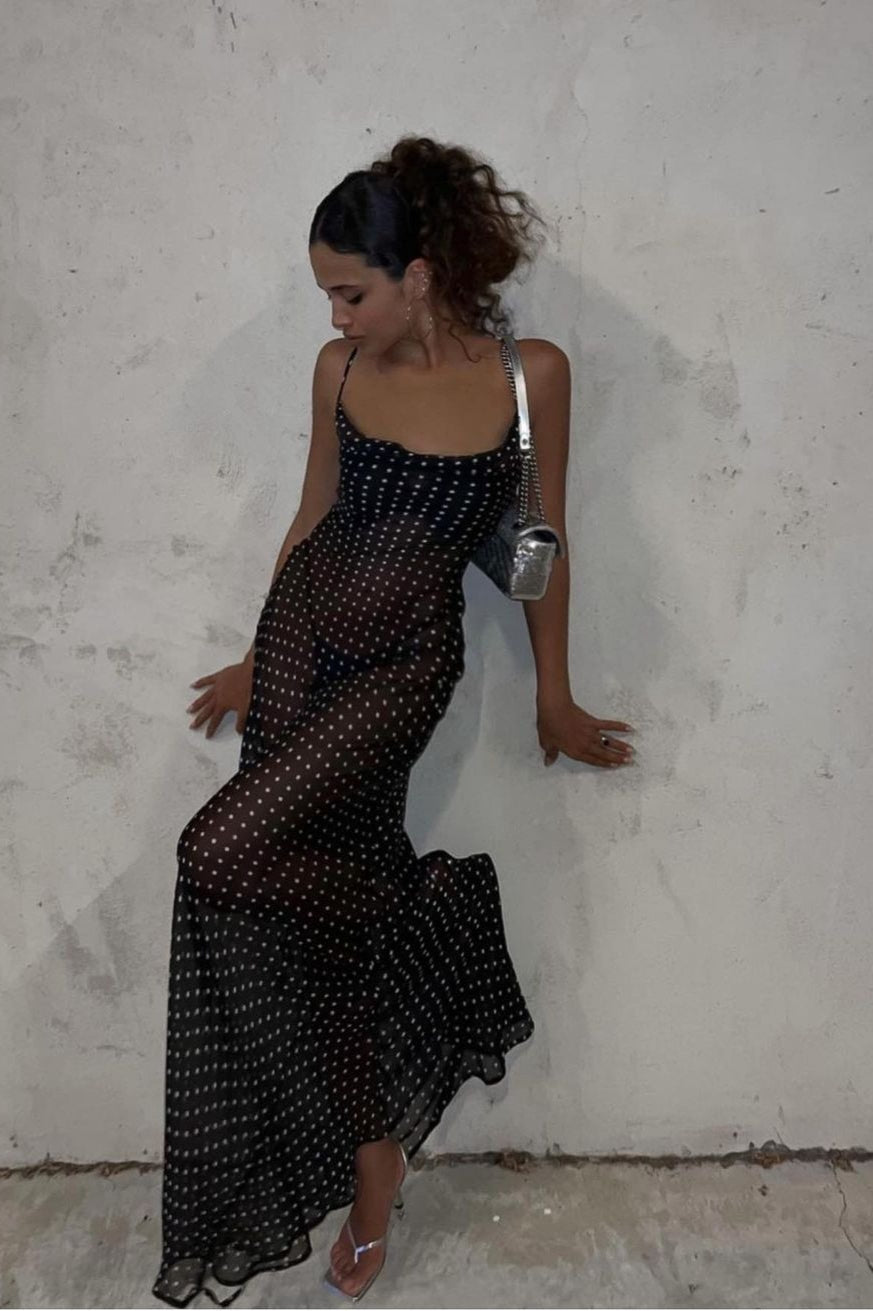 Polka Dot Square Neck Backless Cami Maxi Dress