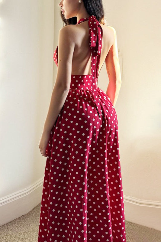 Red Polka Dot VNeck Halter Backless Maxi Dress