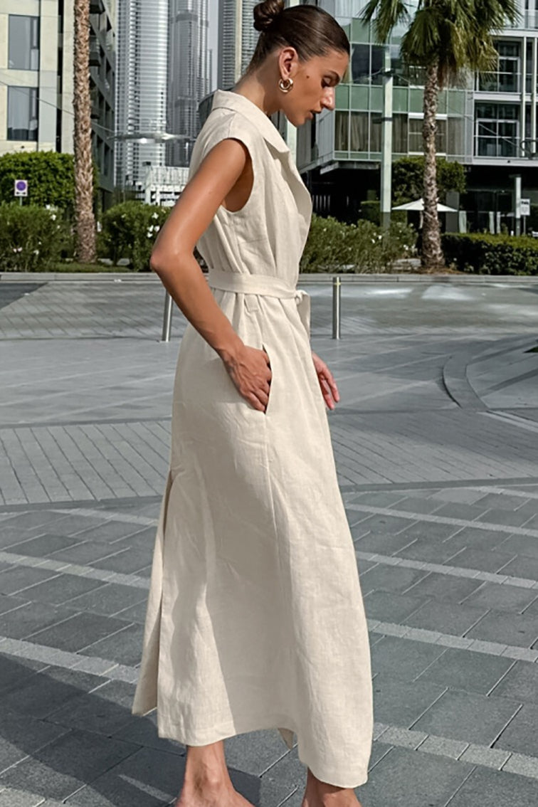 Linen Cotton High Waist Slit Tie Maxi Dress