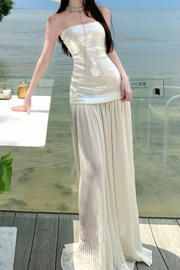 Sequin Patchwork Strapless Flowy Maxi Dress