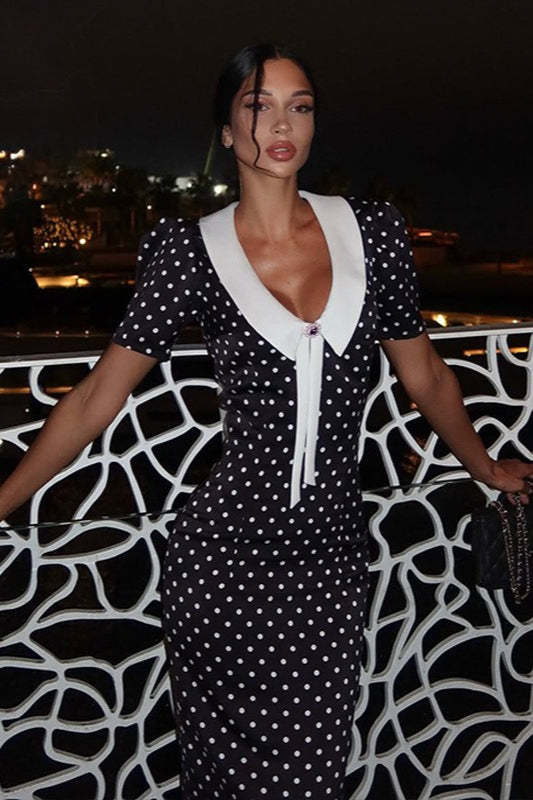 Polka Dot VNeck Puff Sleeve Bodycon Maxi Dress