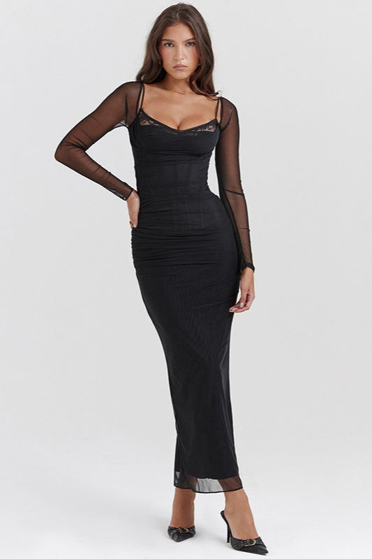 Mesh Lace Patchwork Boned Fitted High Slit Elegant Maxi Dress