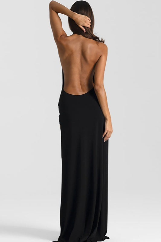 Solid Halter Deep V Backless Slit Floor Maxi Dress