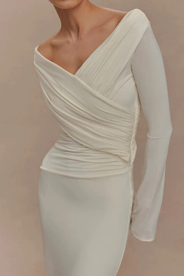 V Neck Long Sleeve Ruched High Waist Maxi Dress