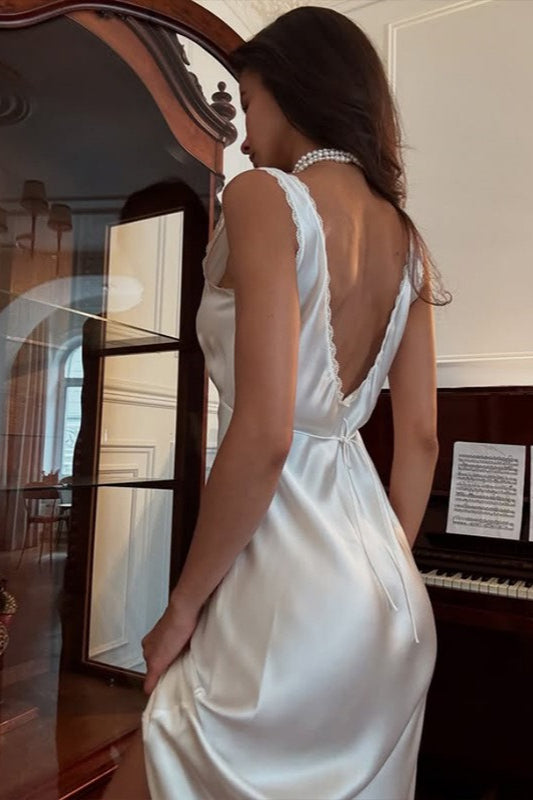 VNeck Backless Satin Lace Trim Silk Dress