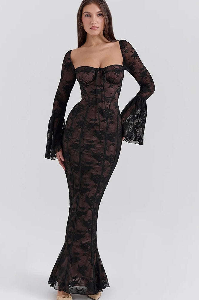 Sexy Square Collar Long Sleeve Maxi Dress