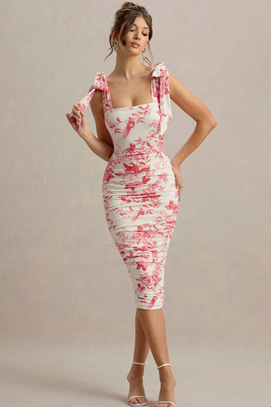 Sweet Floral TieWaist Bodycon Floral Dress