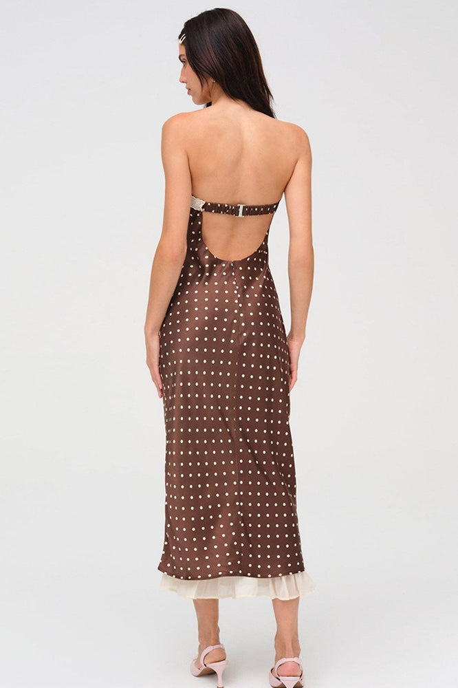 Satin Polka Dot Strapless Backless Maxi Dress