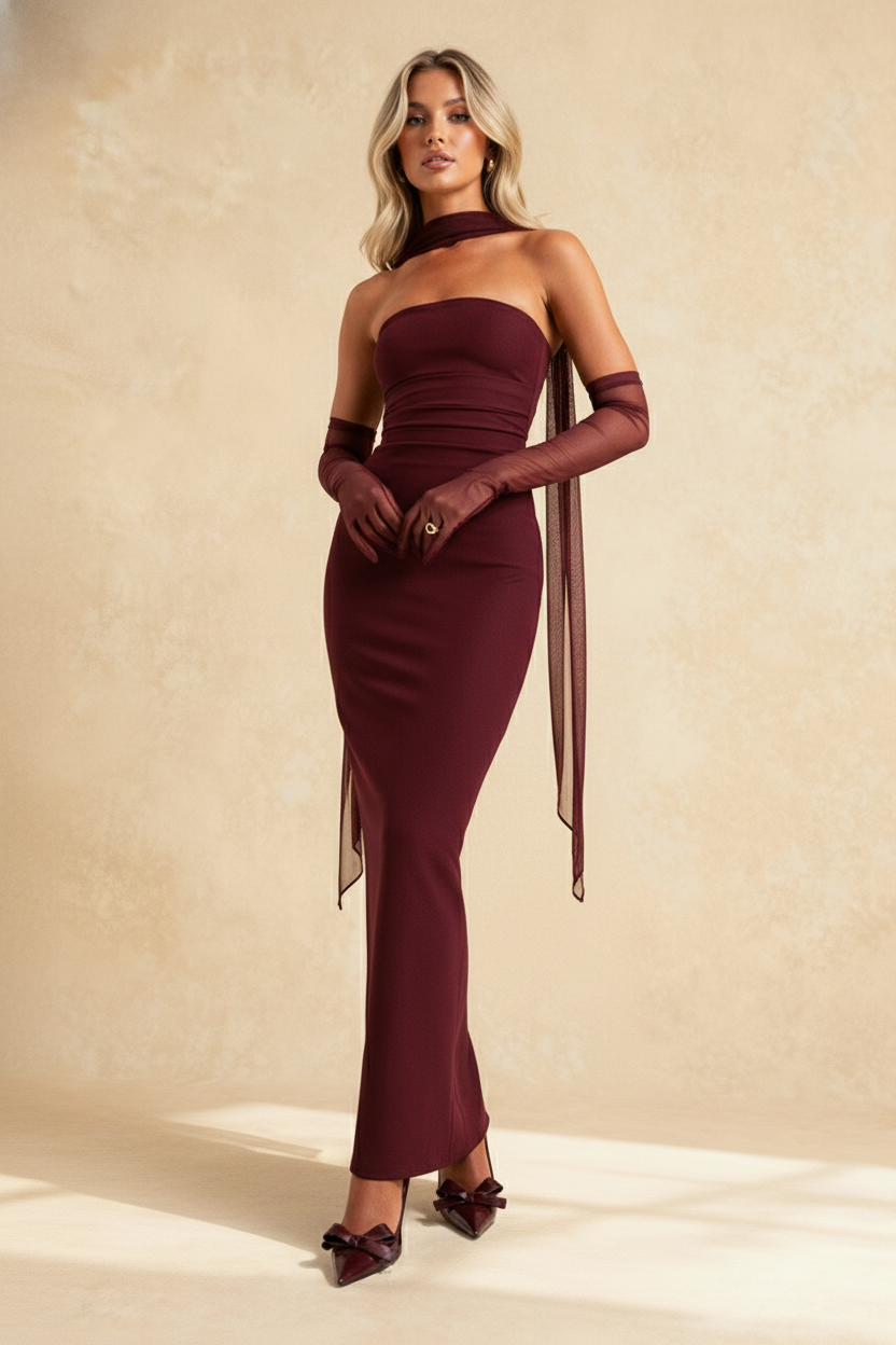 Hudson Maxi Dress With Stole And Gloves  Maroon