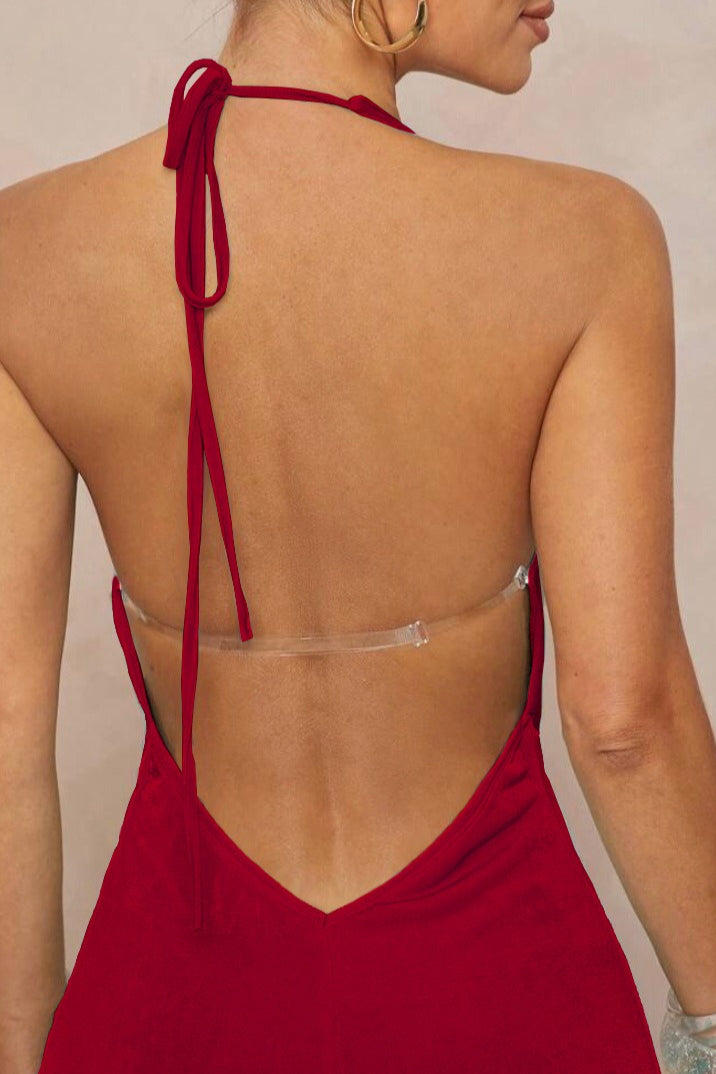 Deep V Halter Ruched Metal Trim Backless Maxi Dress