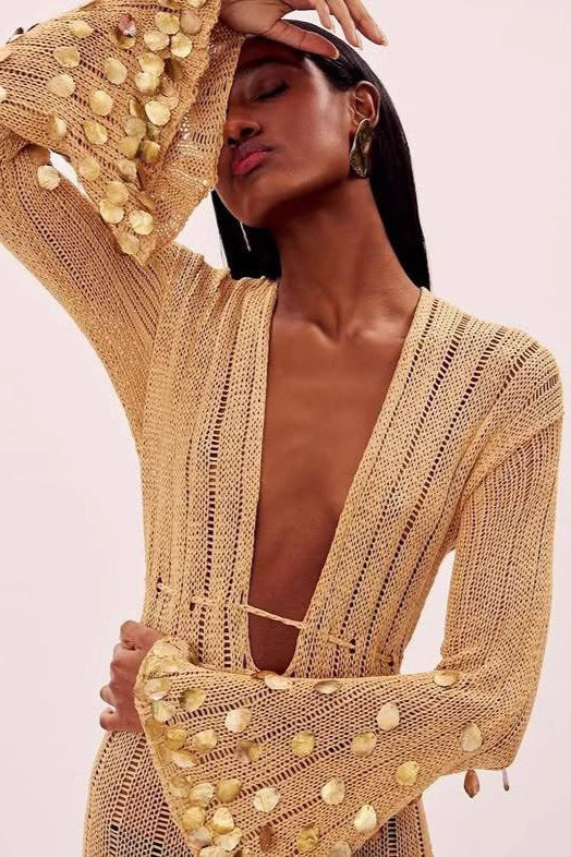 V Neck Belted Sequin Knit Maxi Dress