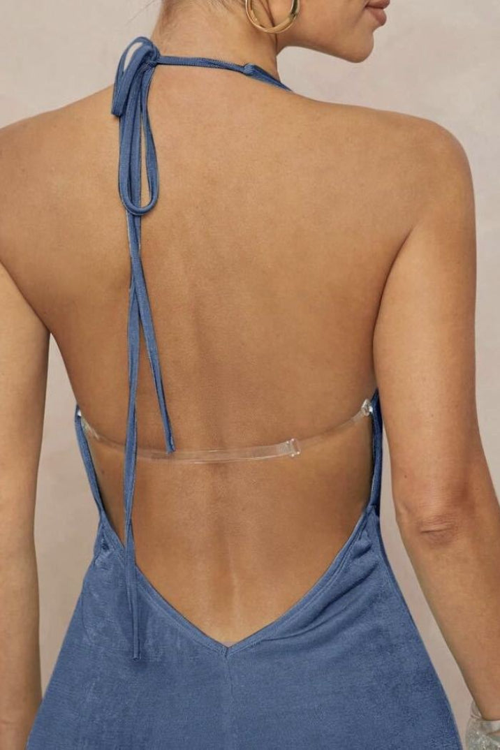 Deep V Halter Ruched Metal Trim Backless Maxi Dress