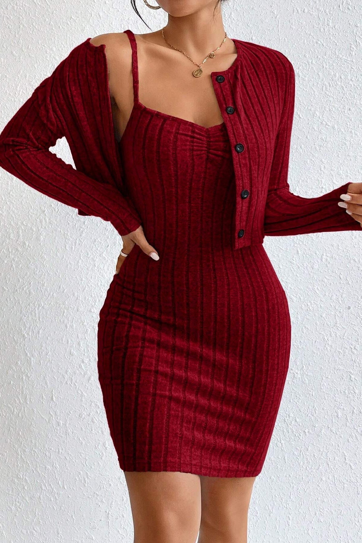 Elegant Solid Slim Crop Cardigan Dress Two Piece Set