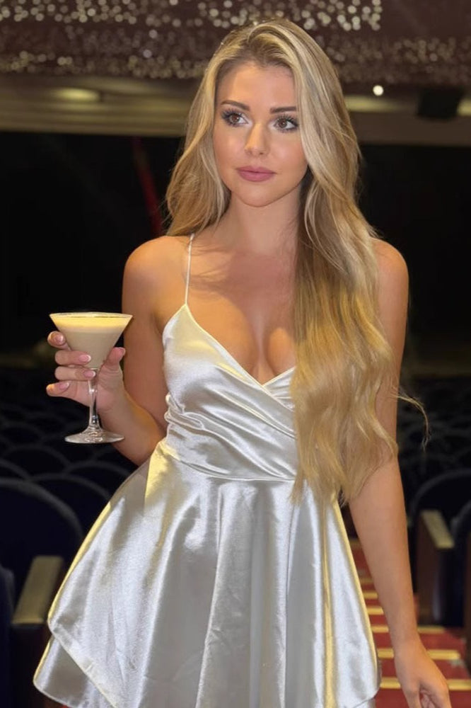 VNeck High Waist ALine Silk Dress