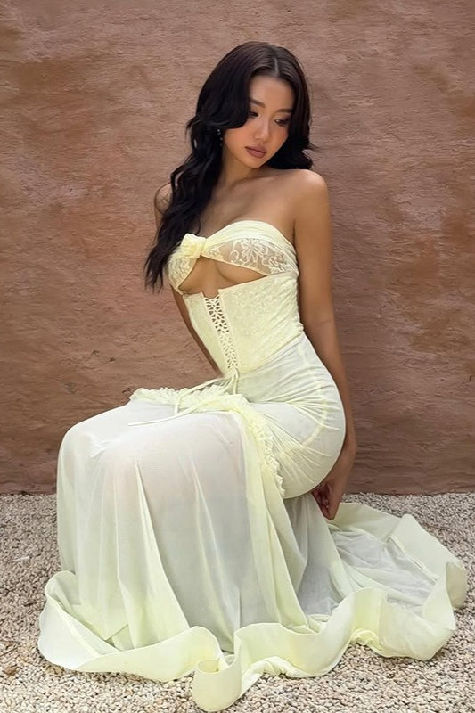 Solid Floral Patchwork Boned Tie Ruched Elegant Maxi Dress