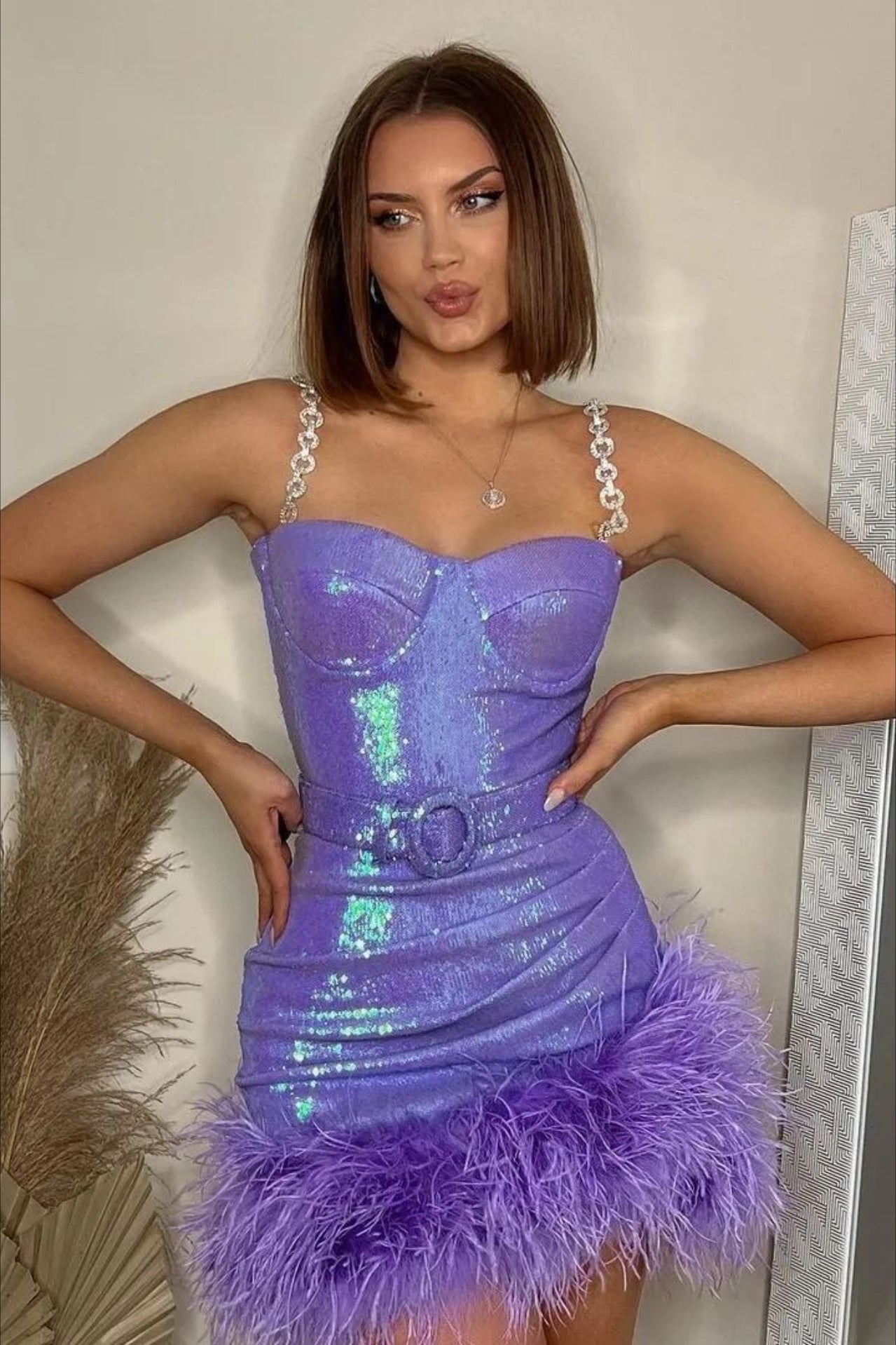 Sequin Faux Fur Belt Bodycon Graduation Party Dress