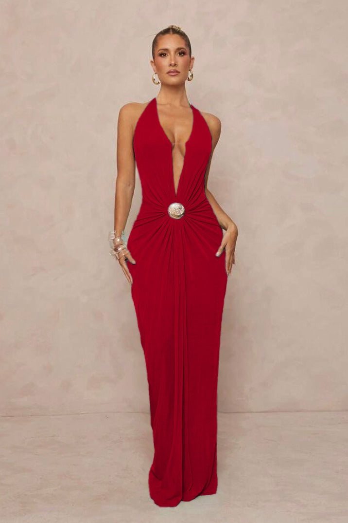 Deep V Halter Ruched Metal Trim Backless Maxi Dress