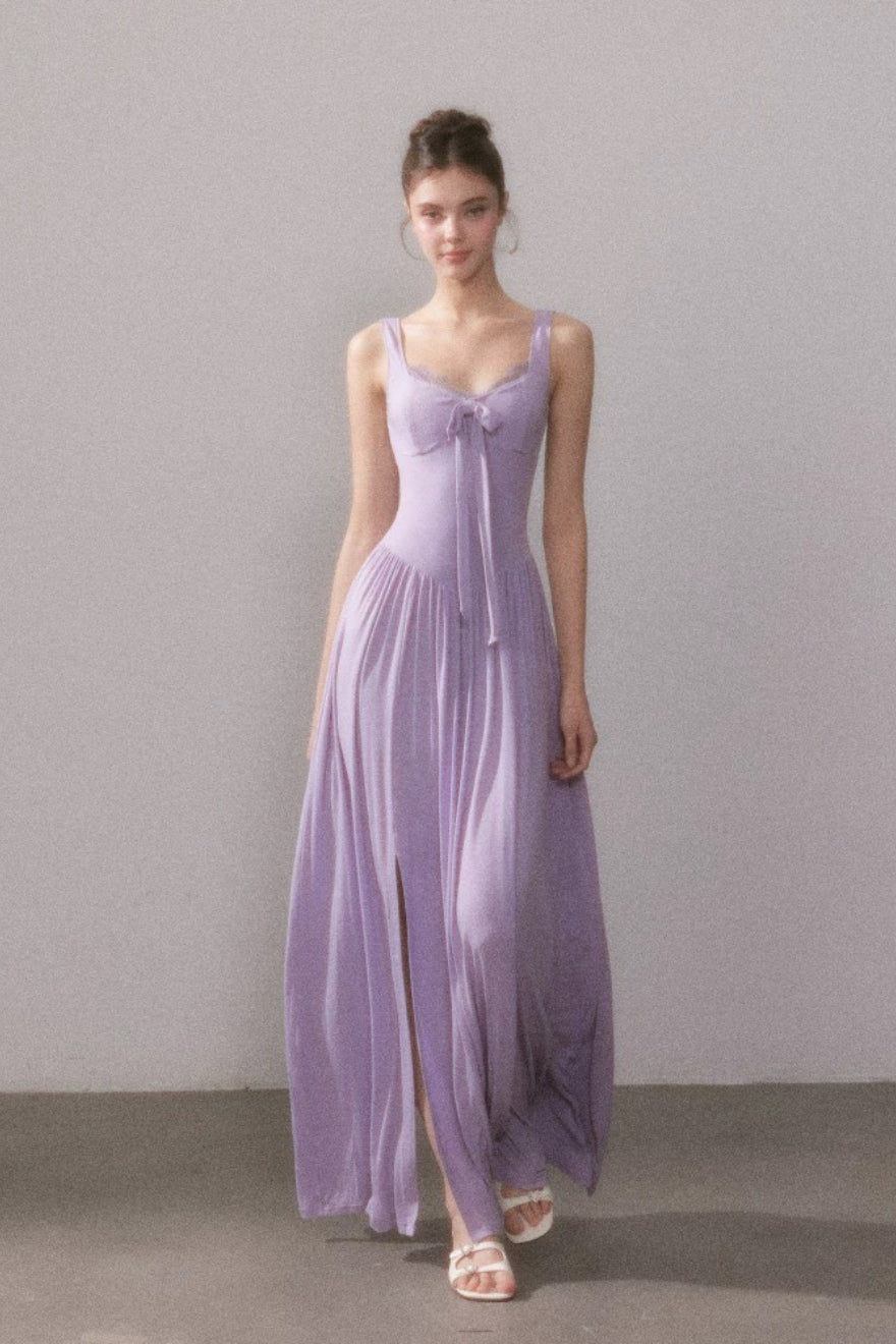 Lace Knit Cami Slit Flowy Maxi Dress