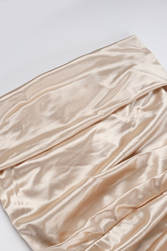 Satin Off Shoulder Slit Silk Dress