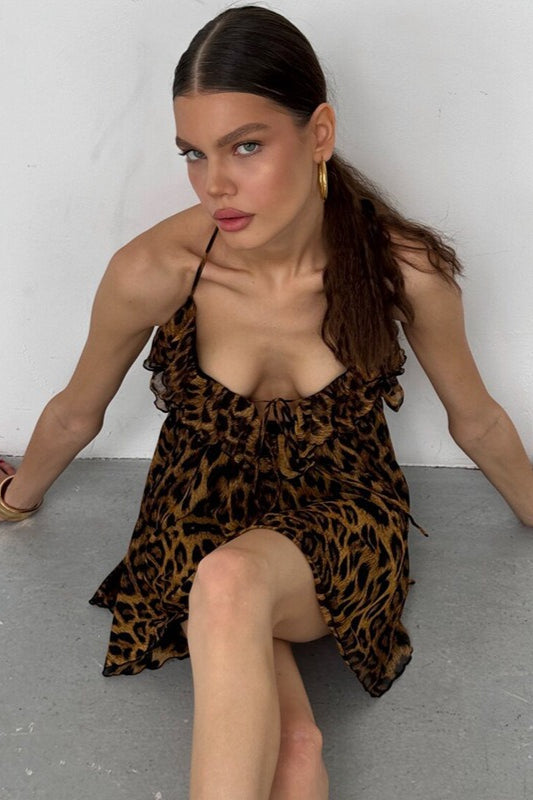 Leopard Print Deep V Halter Tie Slip Dress