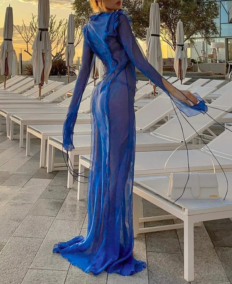 Ruffle Vneck Bandage Slit Maxi Dress