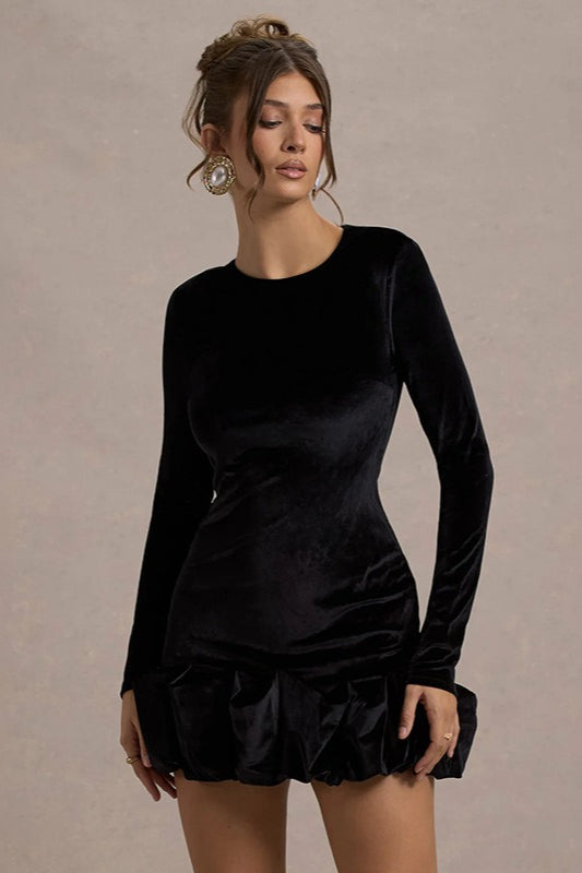 Luxe Velvet Crew Neck Pleated Long Sleeve Mini Dress