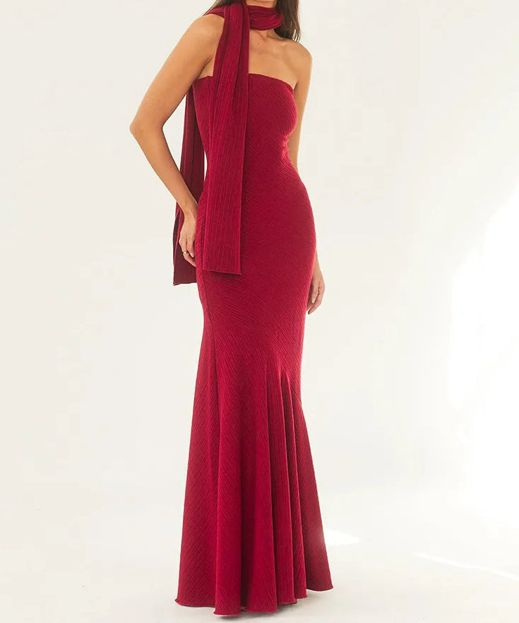 Scarf Strapless Pleated Maxi Dress