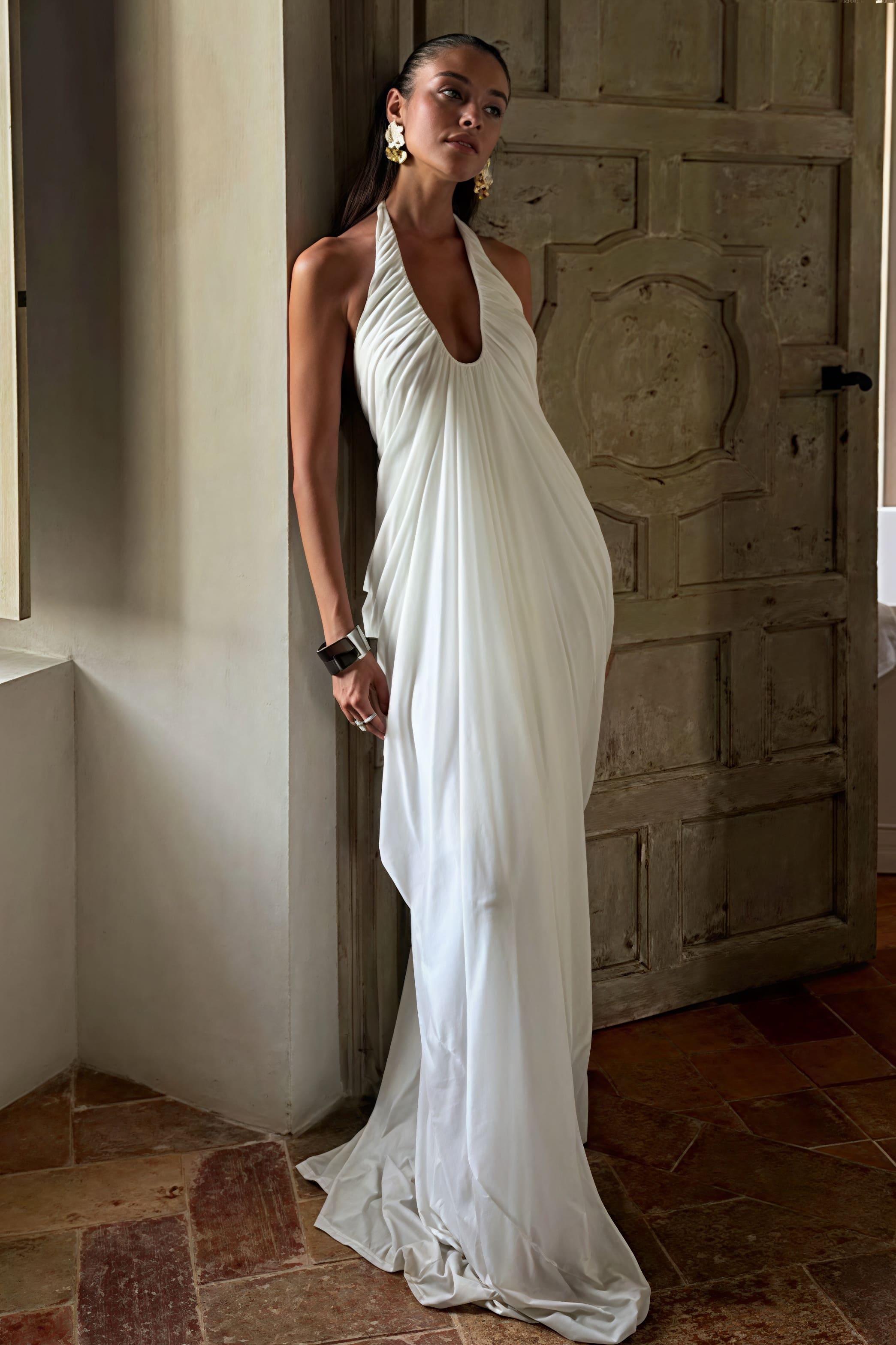 Loose V Neck Ruffled Halter Tulle Maxi Dress