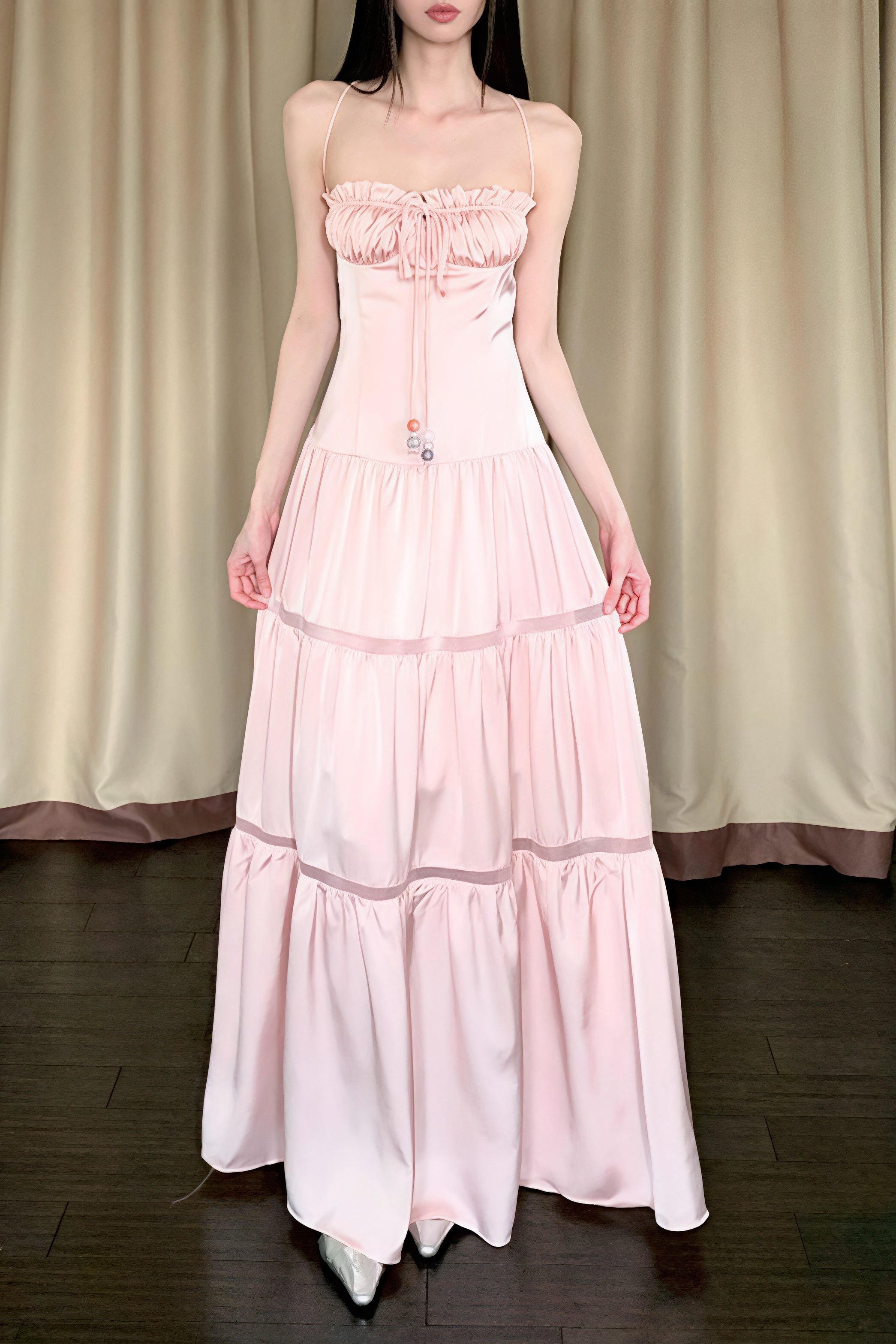 Pink Satin Tie Strapless Spaghetti Strap Maxi Dress