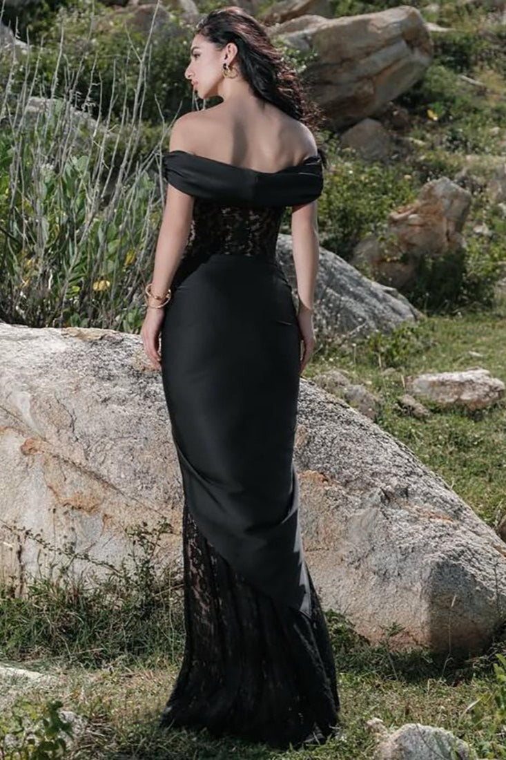 Sexy Lace Insert Off Shoulder Maxi Formal Dress