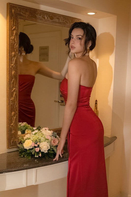 Ruched Waist Strapless Evening Wrap Dress