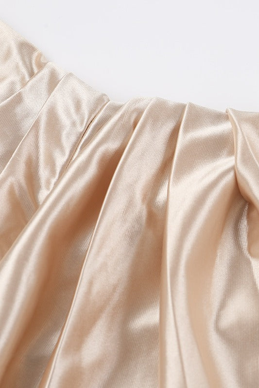 Satin Off Shoulder Slit Silk Dress