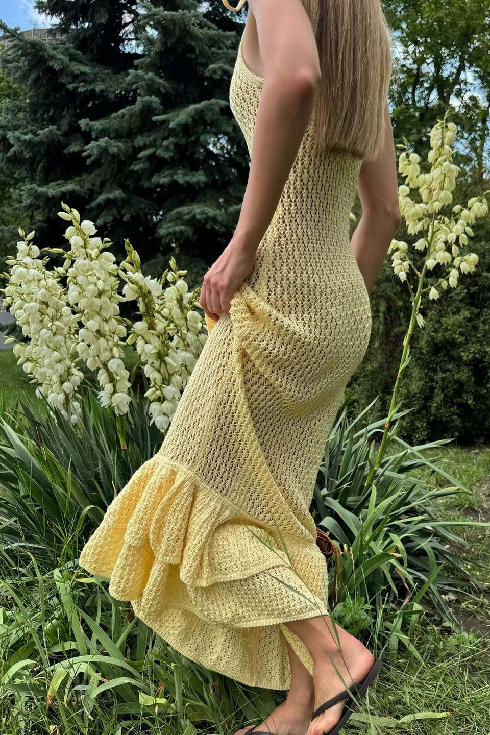 Boho Ruffle Knit Sexy Cutout Sheer Cami Maxi Dress