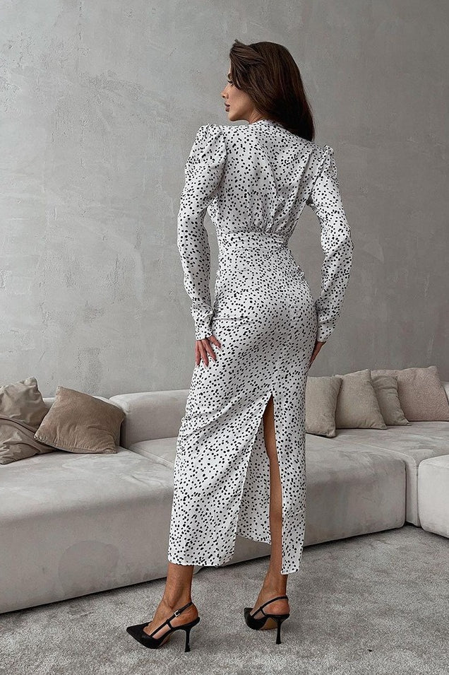 Polka Dot Floral VNeck Puff Sleeve Maxi Dress