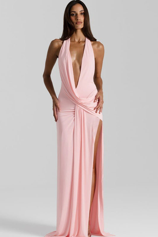 Deep V Halter Backless Slit Maxi Wrap Dress