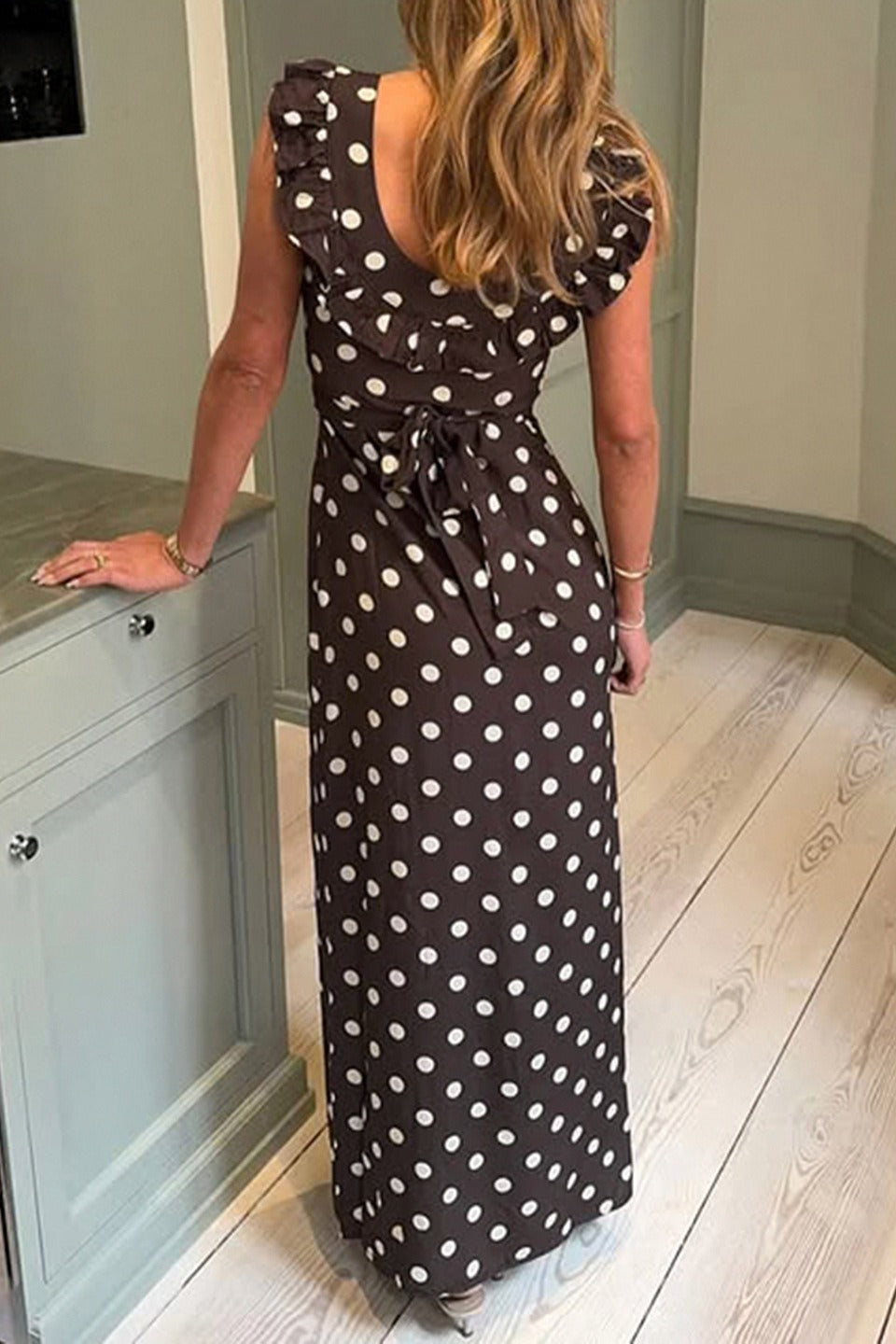 Polka Dot UNeck Ruffled Bodycon Maxi Dress