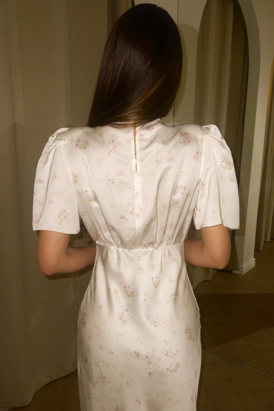 V Neck Lace Patchwork Floral Puff Sleeve Maxi Dress