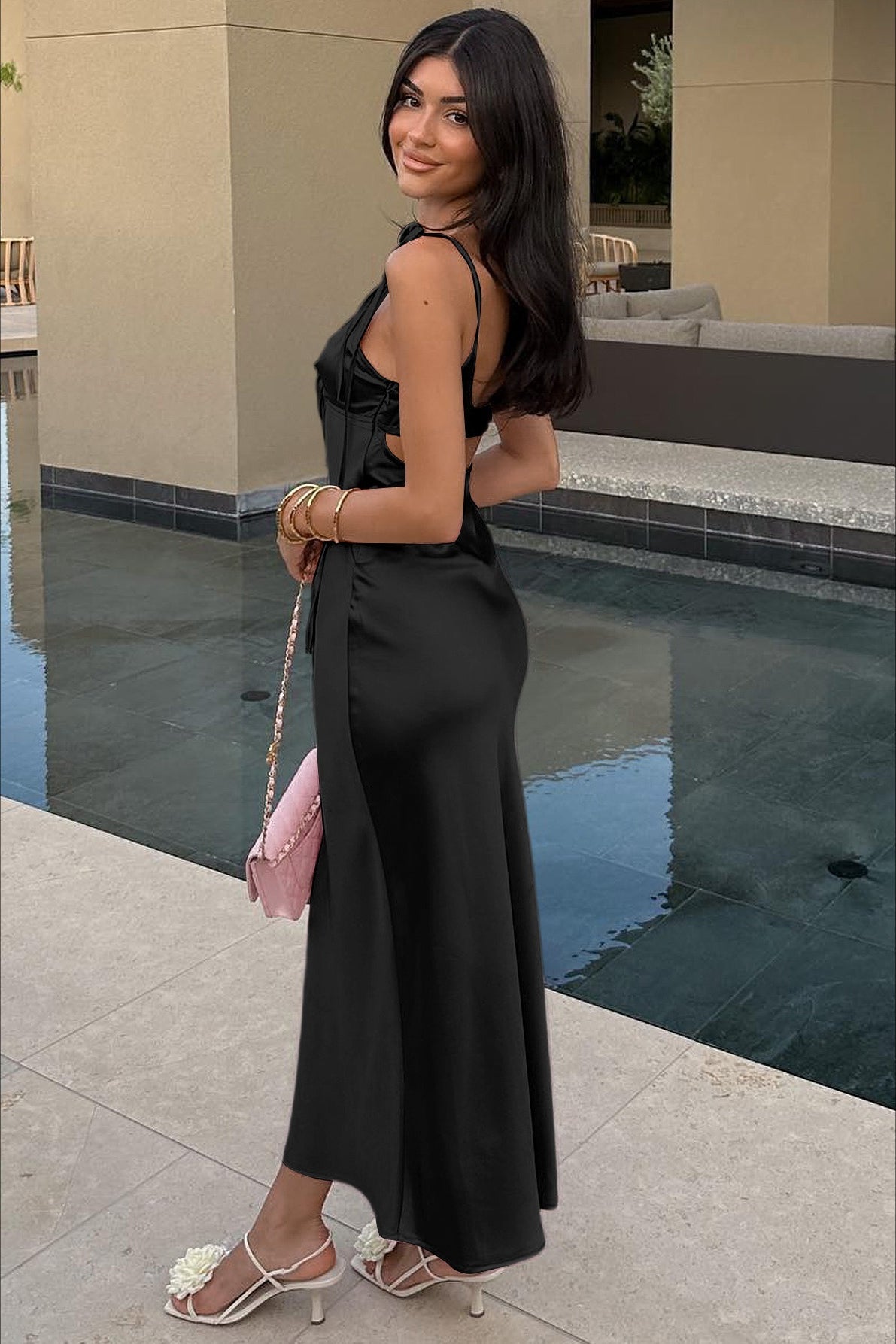 Satin Solid Strapless V Neck Tie Maxi Dress
