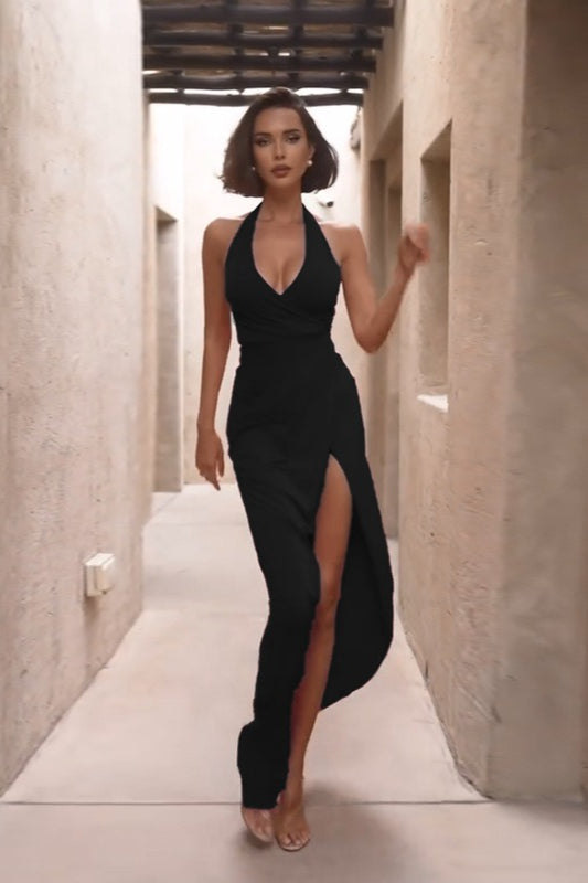 Halter Neck VSlit Evening Wrap Dress
