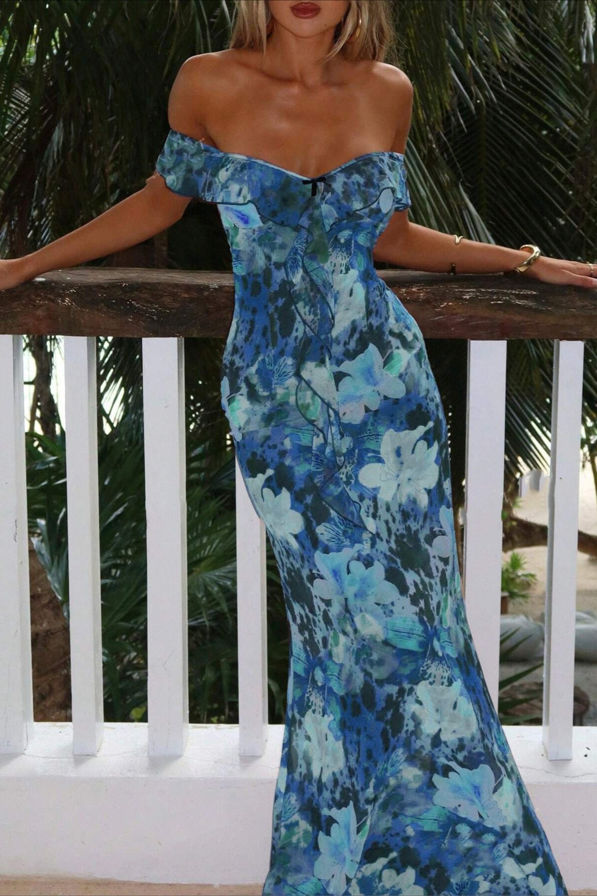 Tie Strapless Ruffled Print Sexy Bodycon Maxi Dress
