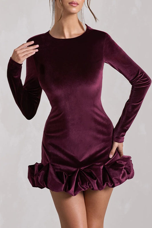 Luxe Velvet Crew Neck Pleated Long Sleeve Mini Dress
